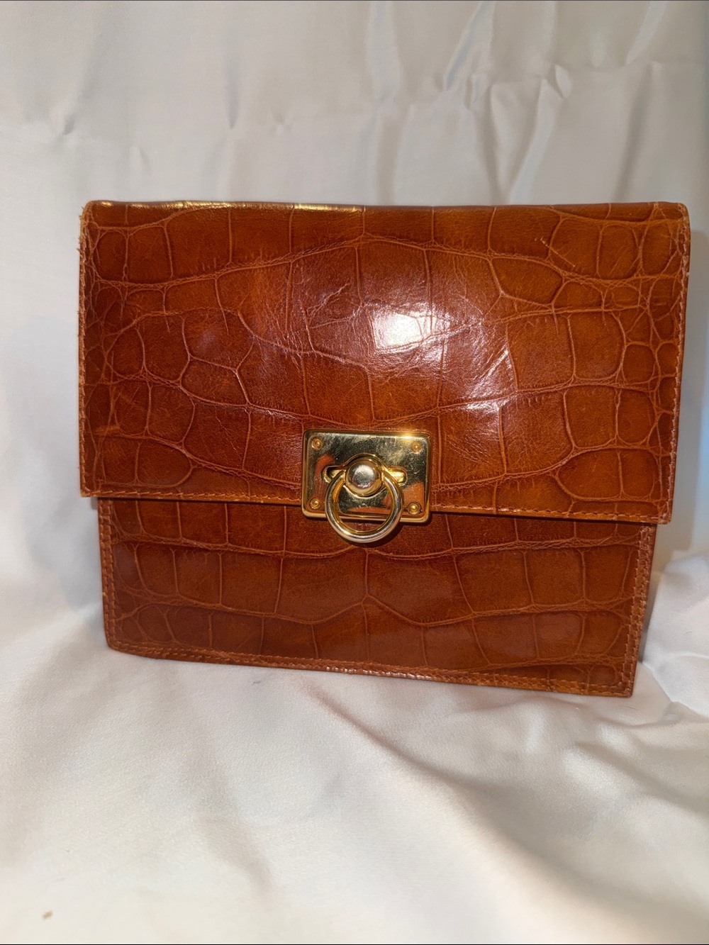 Vintage Croc-Embossed Brown Leather Clutch with Gold Hardware